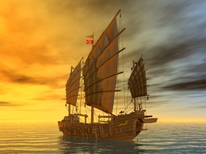 Computer generated 3D illustration with a Chinese Junk at sunset